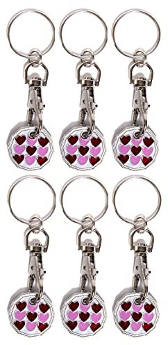 Craft 4 You Pack of 6 x Shopping Trolley Token UK Keyring £1 Coin Shape Pound Tokens Key Ring for Supermarkets Locker Gym (6 x Pink Hearts)