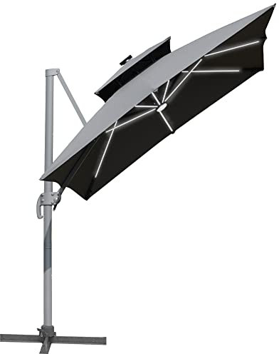 Outsunny 3m Cantilever Roma Parasol, Offset Patio Umbrella, Solar LED Lighted Hanging Sun Shade Canopy 250g Polyester SunShade with Aluminium Frame, Tilt & Crank Handle, Cross Base for Lawn, Grey