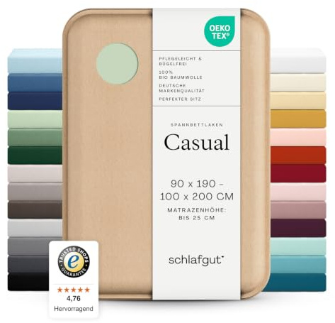 schlafgut Casual Spannbettlaken 90x200 cm 100% Bio-Baumwolle, Green Light | Bettlaken, Spannbetttuch 100x200, 90x190 cm, Grün, Jersey, Sommer, 150 g/m², bis 25 cm Steg, Made in Green