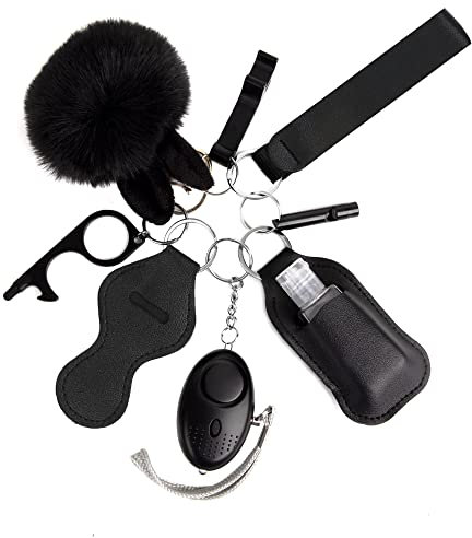QINER Porte Clef Defense Femme Kit, Porte Clef Alarme Anti Agression avec Securite Accessoire,Alarme de Poche, Brise Vitre,Pom Poms, Ensemble de Porte-Clés de Sécurité pour Femme et Enfant