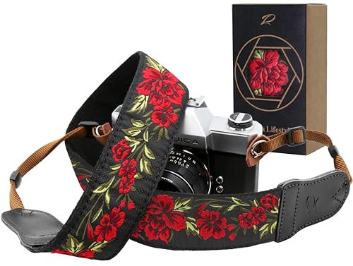 Padwa Lifestyle Rose Flower Camera Strap - 2 Wide Cowhide Head, Embroidered Cotton Woven Vintage Camera Straps,Universal Neck & Shoulder Strap for All DSLR Cameras and Men & Women Photographers