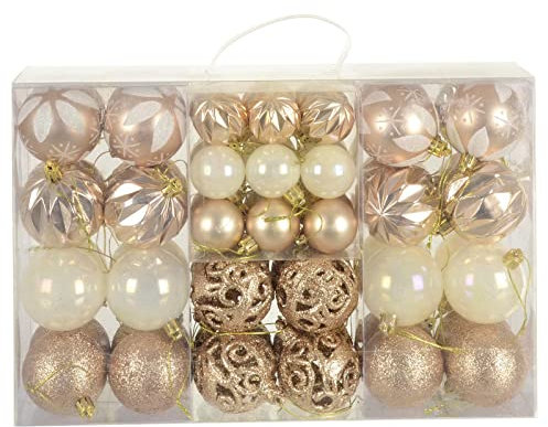 Set of 67 Christmas Baubles Tree Decorations Assorted Designs Sizes Carry Case - Champagne