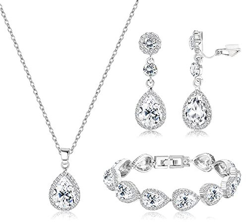 Milacolato Brautschmuck Set Hochzeit Kristall Halskette Armband Ohrclips Set Strass Anhänger Tropfen Clip On Ohrringe Abschlussball Brautparty Brautjungfer Schmuckset Für Damen Weiß