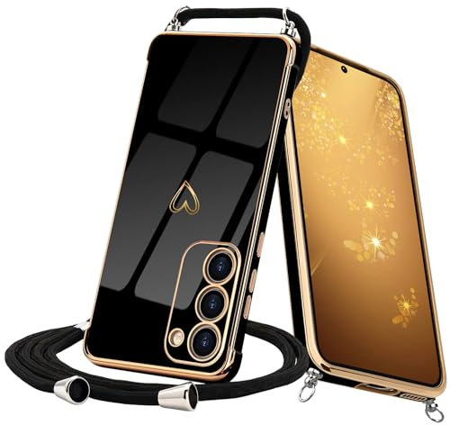Keteen Handyband Hülle für Samsung Galaxy S23 Handyhülle mit Band Cute Herz Muster Galvanisierte Slim Silikon mit Abnehmbar Kordel Stossfest Cover Necklace Handyhülle für Samsung S23, Schwarz