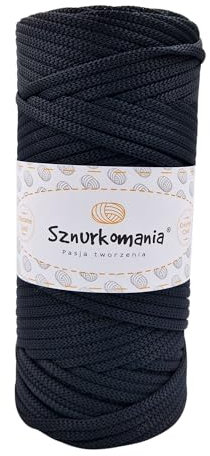 Sznurkomania, Polyesterkordel 5mm 100m, Viele Farbe, Flache Polyesterkordel, Häkelkordel, 5mm Makrameekordel, Makrameegarn, Polyestergarn, glänzende Kordel, (Schwarz)