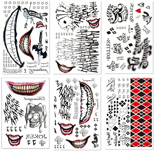 XINDY 6 Groß Blätter Joker Temporäre Tattoos HQ Temporäre Tattoos Männer Frauen Klebetattoos Erwachsene Halloween Schminke Gesicht Make UP Kostüm Gefangener Clown Cosplay Karneval Fasching Accessoires