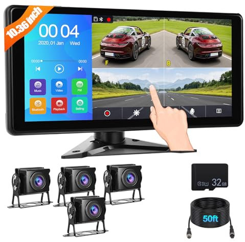 CAMECHO Kit de Cámara de Marcha Atrás,10.36 ''Monitor con Parking Backup y Vigilancia DVR+4 Divisiones Camaras,Impermeable Visión Nocturna para Autobuses/Camiones/RV/Caravanas 9V-36V