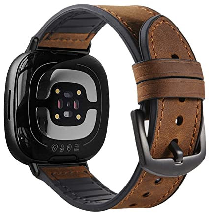 YOOSIDE Echtleder mit Silikonfutter für Fitbit Versa 3 / Versa 4, Lederarmband Weiches Schweißfestes Herren Uhrenarmband mit Edelstahlverschluss Kompatibel mit Fitbit Sense/Sense 2 (Braun)