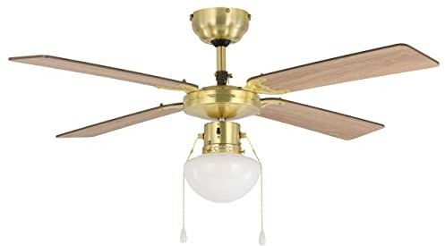 EGLO Deckenventilator Fortaleza, 4 Flügel Ventilator mit Zugkette, Beleuchtung und Sommer Winter Betrieb, Holz, brünierter Stahl und Glas in Weiß, AC Motor, Ø 106,6cm