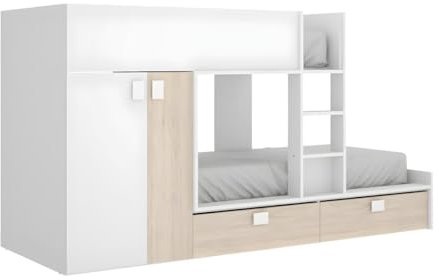 Rimobel Etagenbett mit Kleiderschrank - 2X 90 x 190 cm - Weiß & Naturfarben - JUANITO