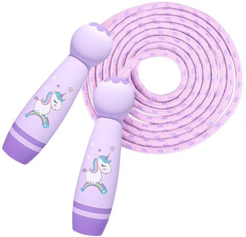Corde à sauter pour enfants, réglable, 2,6 m, corde à sauter réglable avec poignée en bois, corde à sauter pour enfants avec poignée en bois de dessin animé, corde à sauter