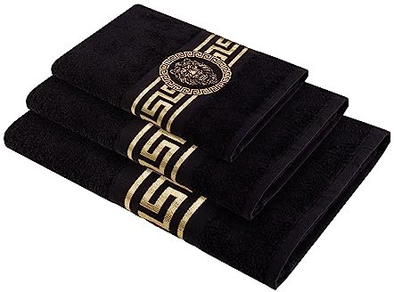 Belle Arti Premium Mäander Löwen & Amphore Handtücher Duschtücher Gästetücher Saunatücher Flauschige Frottee Baumwolle in verschiedenen Größen in Weiss und schwarz (3er Set, schwarz)