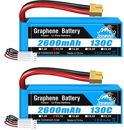 Yowoo 3S Lipo Akku 2600mAh 11.1V 130C Graphen Batterie mit XT60 Anschluss für E-flite Valiant Parkzone E4F Wildcat Große Flugzeuge E-Cub RC Auto Boot LKW Heli Flugzeug (2 Pack)
