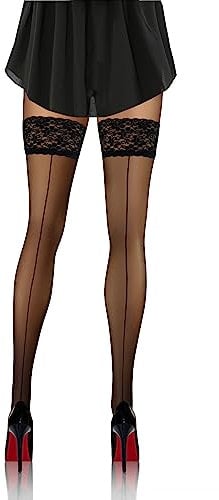 sesto senso Damen Halterlose naht-strümpfe mit Rückennaht Muster 20 DEN Spitzenstrümpfe Schwarz 3/4 Naht