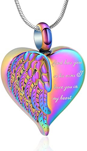 Minicremation Urnen-Schmuck für Asche, Herz-Urnen-Anhänger, Asche für Damen und Herren, Andenken, Engelsflügel mit Charm-Herz für geliebte Menschen, Edelstahl, Zirkon Diamant Bernstein