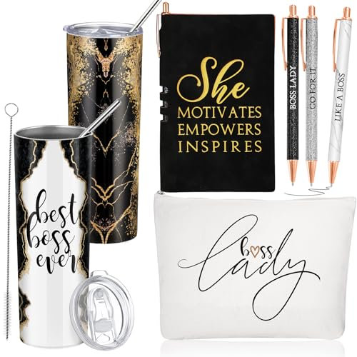Domensi Best Boss Thank You for Women Lady Appreciation Day Gift Set Rustic Marble Sign Tumbler Makeup Bag A6 Notepad with Ballpoint Pens Boss Day Office