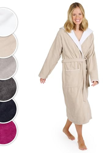 Blumtal Bademantel Damen Frottee in M aus 100% Baumwolle - OEKO-TEX zert. Sauna Bademantel Damen Baumwolle aus Velour & Frottier- extra saugstarke Bathrobe Women - Morgenmantel Kapuze- Taupe/Weiß