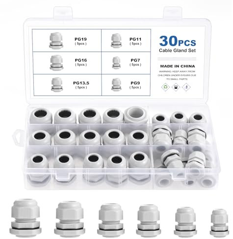 eROOSY 30 Pcs Cable Glands Waterproof PG7 PG9 PG11 PG13.5 PG16 PG19 Adjustable Cable Glands, Nylon Cable Glands for Cables with a Diameter of 3-15mm, Waterproof Nylon Cable Glands, White