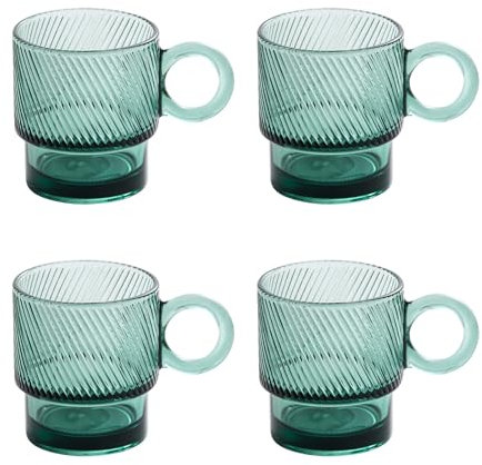 Soulnioi Juego de 4 vasos apilables verdes de 300 ml con asa, juego de vasos de vidrio acanalado verde para jugos de capuchino, bebidas, café y agua (A)