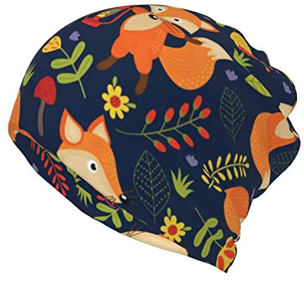 JBYJBX Niedliche Beanie-Mütze für Erwachsene, Motiv: Fuchs, Blumendruck, Kopfbedeckung, Stretch, rutschfest, Bandanas, Schlaf-Turban-Mütze
