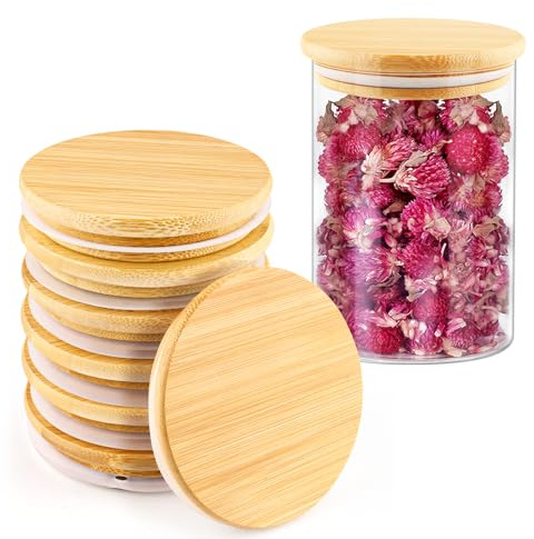 8 Pcs 9cm/3.54inch Bamboo Lids Wide Mouth Dustproof Natural Decorative Wood Jar Lids with Silicone Sealing Rings for Mug Jar Food Storage