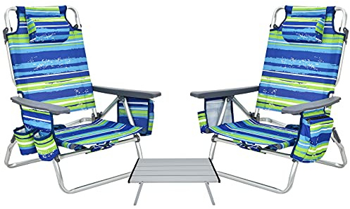 GIANTEX Klappstuhl Strandstuhl mit Tisch Set, klappbarer Gartenstuhl Campingstuhl Liegestuhl mit Verstellbarer Rückenlehne, Hochlehner mit Kopfstütze, Balkonstuhl Terrassenstuhl mit Seitentaschen