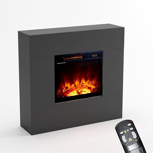 KAMINLICHT Elektrokamin mit Heizung und Kaminfeuer (Standkamin NEO 1) - elektrischer Kamin mit LED-Licht, Heizlüfter, Holz-Deko & Fernbedienung, max. 1500 W - 95x84x25 cm, Grau