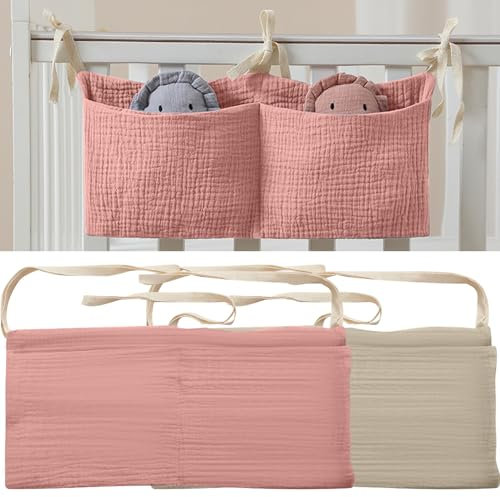 ZOCONE 2 Stücke Babybett Organizer Hängend, 2-in-1 Baby Kinderzimmer Organizer Aufhängen Babybett Verstellbarer Organizer für Windeln Kleidung Spielzeug Hängeorganizer Babybetttasche(Rosa+Khaki)