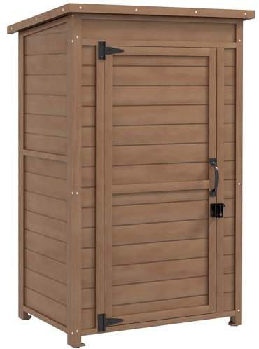 Outsunny Gartenschrank mit verstellbarem Regal und kippbarem Dach, Gartenschrank aus Holz mit Riegel, 75x56x117cm, braun