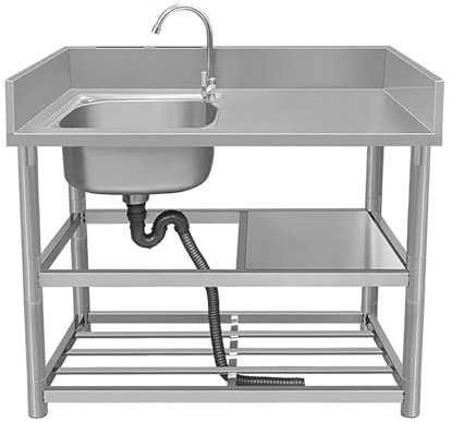 Stainless Steel Kitchen Sink Commercial Sink Single Bowl 304 Stainless Steel Commercial Kitchen Sinks with Faucet and Storage Shelves with Workbench and Drainer Unit for Outdoor Indoor Restaurant (Co