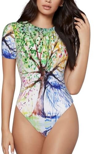 Combinaison à manches courtes pour femme, respirante, séchage rapide, convient pour les fêtes, les rendez-vous, les clubs, le quotidien, Magnifique arbre à quatre saisons., L