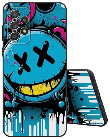 Sinyunron Handyhülle Kompatibel mit Samsung Galaxy A52S 5G Hülle Silikon Matte Schwarz Rückseite mit Muster,Weiche Stoßfest Kratzfest Schlanke TPU Softschale Schutzhülle,Blaues Emoji
