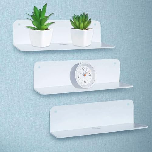 Acrylic Thickened Floating Wall Shelves Set of 3, Premium Small Self-Adhesive Display Shelf with Cable Clips for Living Room, Bedroom, Office, Bathroom, Kitchen, Optional Screw Mounting (White)