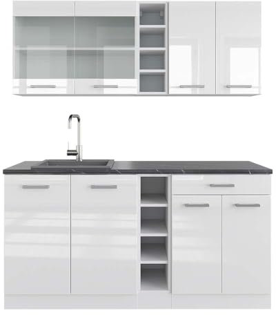 Vicco Singleküche R-Line, Küchenzeile Single, Weiß Hochglanz/Weiß, 160 cm, AP Anthrazit