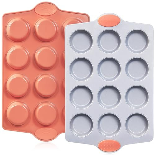 BRONYPRO Ceramic Muffin Pan, 12-Cup Nonstick Aluminized Steel Cupcake Pans, Healthy Non-Toxic Ceramic Coating Muffin tin, 2 Pack Cup Cake Pans for Baking Orange
