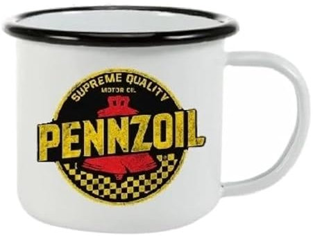 hotrodspirit - Emaille-Tasse mit Pennzoil-Logo, schwarz, gelb, kariert, emailliert, 2 Logos