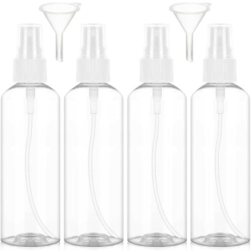 Redamancy 4 Pièces Flacon Spray Vide, 100ml Contenant Voyage, Plastique Pulverisateur Voyage, Réutilisables Transparent Bouteille Spray Vide, avec 2 Entonnoir pour Lotion, Parfum, Shampoing etc