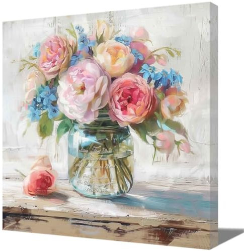 ZQQART Farbenfrohe Pfingstrosen Wandbilder auf Leinwand blühende Hortensien in einer Vase Bild mit botanischem Bauernhaus Thema für die Wanddekoration zu Hause (Rosa,30x30cm)