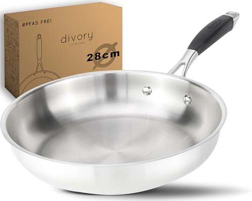 DIVORY Edelstahlpfanne 28 cm PURA Induktion I unbeschichtete Pfannen, große Pfanne Edelstahl für alle Herdarten I Induktionspfanne ohne Beschichtung, stainless steel pan (28cm, unbeschichtet)