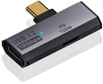 Duttek 2-in-1 USB C Adapter, 90 Degree USB C Male to Dual Female Adapter 100W PD Compatible with iPhone 15, Steam Deck, iPad, MacBook and More Type C Device- Grey
