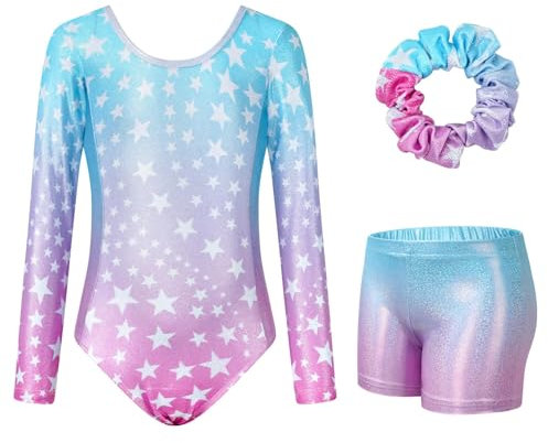 JiAmy Gymnastics Leotards for Girls Cross Back, Long Sleeve Sparkly Dance Biketards with Shorts Ballet Outfit for 5-6 Years Gradient Blue Stars