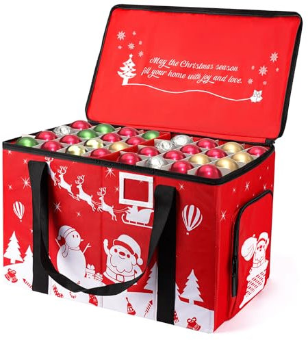 Homward Christmas Ornament Storage Container, Holiday Décor Storage With Dividers for 128 Holiday Ornaments 3, Holiday Storage Bin with Zipper Closure Lid, Dual Side Handles and Pockets, Red 1 Pack