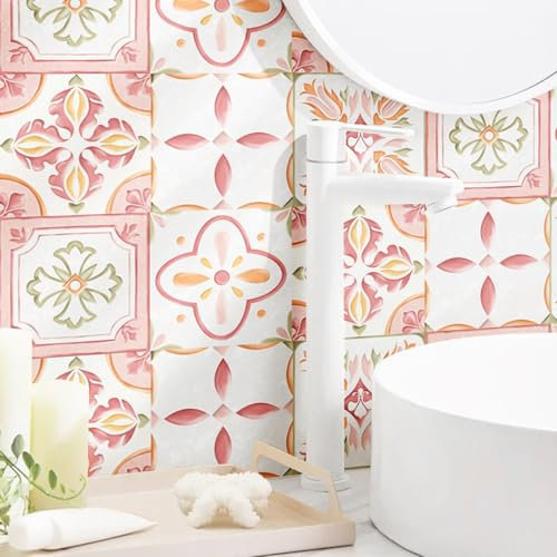 Mattonelle Adesive 20X20Cm Modello Rosa Sticktiles Piastrelle Da Parete In Buccia E Bastone,Adesivi Piastrelle Bagno,Pvc Resistente Al Calore Impermeabile Piastrelle(5Pcs)