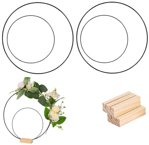 JK Home 4Pcs 25/15cm Black Round Wreath Frame Hanging Metal Stars Ring | 2PCS Wooden Stands for Crafting, Wire Frames DIY Crafts Hoops Dream Catcher Macrame Ring Holiday Wreath Christmas Decor