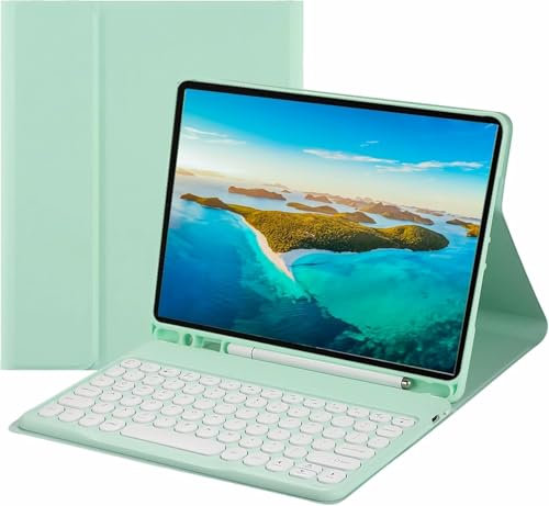 NUWONAYA Keyboard Case for Galaxy Tab A9 Plus 5G 11 Inch, Slim Round Key Cute Candy Color Stand Cover with S Pen Holder, Magnetic Detachable Wireless Keyboard,Mint Green