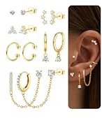 LOLIAS 14K Gold Stud Hoop Earrings for Women Surgical Steel Hypoallergenic Studs Chain Earrings Earcuffs Huggie Hoop Earrings for Women Cartilage Helix Earring Sets for Multiple Piercing