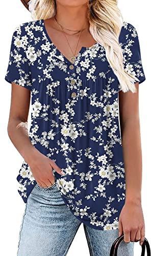Aodemo Womens Summer Casual Tops Henley Short Sleeve Shirts Loose Fit Tunic Ladies Flowy Blouse 2XL, White Floret