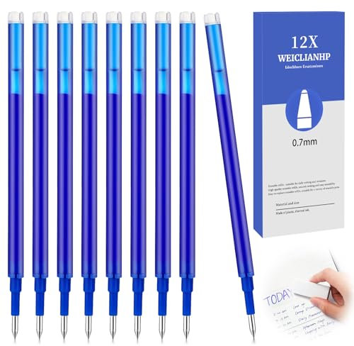 weiclianhp 12 Stück Radierbarer Ersatzminen Blau 0.7mm, Kompatibel mit Pilot FriXion Ball & Clicker & Eberhard Faber, Strichstärke I Ersatzmine für Gelschreiber radierbar für Schule und Alltag