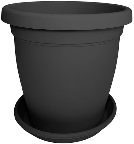 Sicignano | Vaso Verona Rotondo con Sottovaso, Plastica Riciclabile, Fori di Drenaggio, Moderno Classico, Interni Esterni, per Piante Fiori Orto Giardino (Antracite, 35 cm)