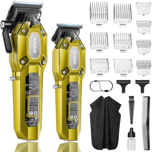 VGR Professioneller Haarschneider für Herren, Kabelloses Barber Set, Haarschneidemaschine Set mit 10 Aufsteckkämmen, USB Wiederaufladbarer Profi Haarschneider mit LED-Anzeige, Gold